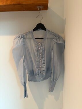 Sheer Puff-Sleeve Ruffle Blouse in Light Blue